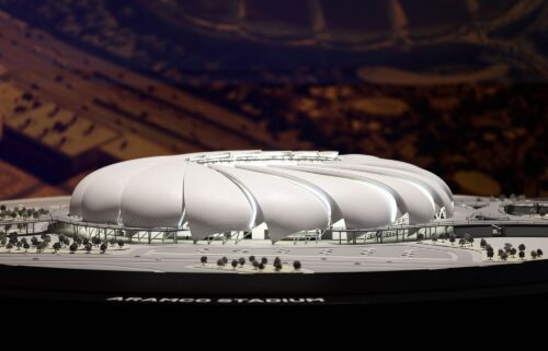 A model of the proposed Aramco Stadium is seen on display in Riyadh