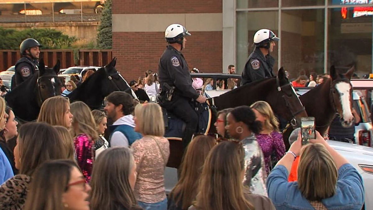<i>WRTV via CNN Newsource</i><br/>Mounted IMPD officers work at the Taylor Swift concert in November 2024.