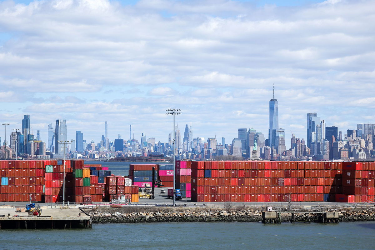<i>Charly Triballeau/AFP/Getty Images via CNN Newsource</i><br/>Shipping containers are seen at the Port Jersey Container Terminal