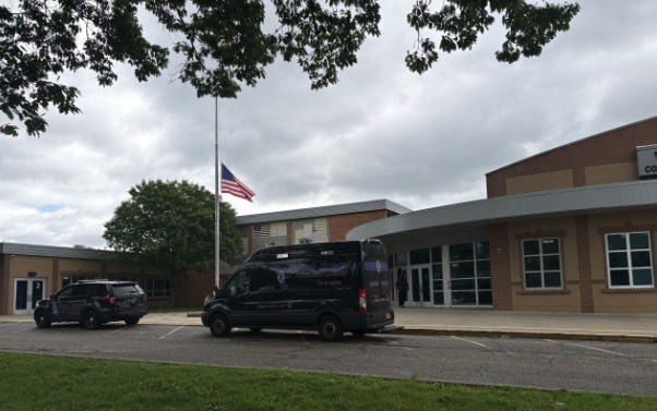 <i>WEWS via CNN Newsource</i><br/>Police investigate a bomb threat and vandalism at Innes Community Learning Center on May 19.