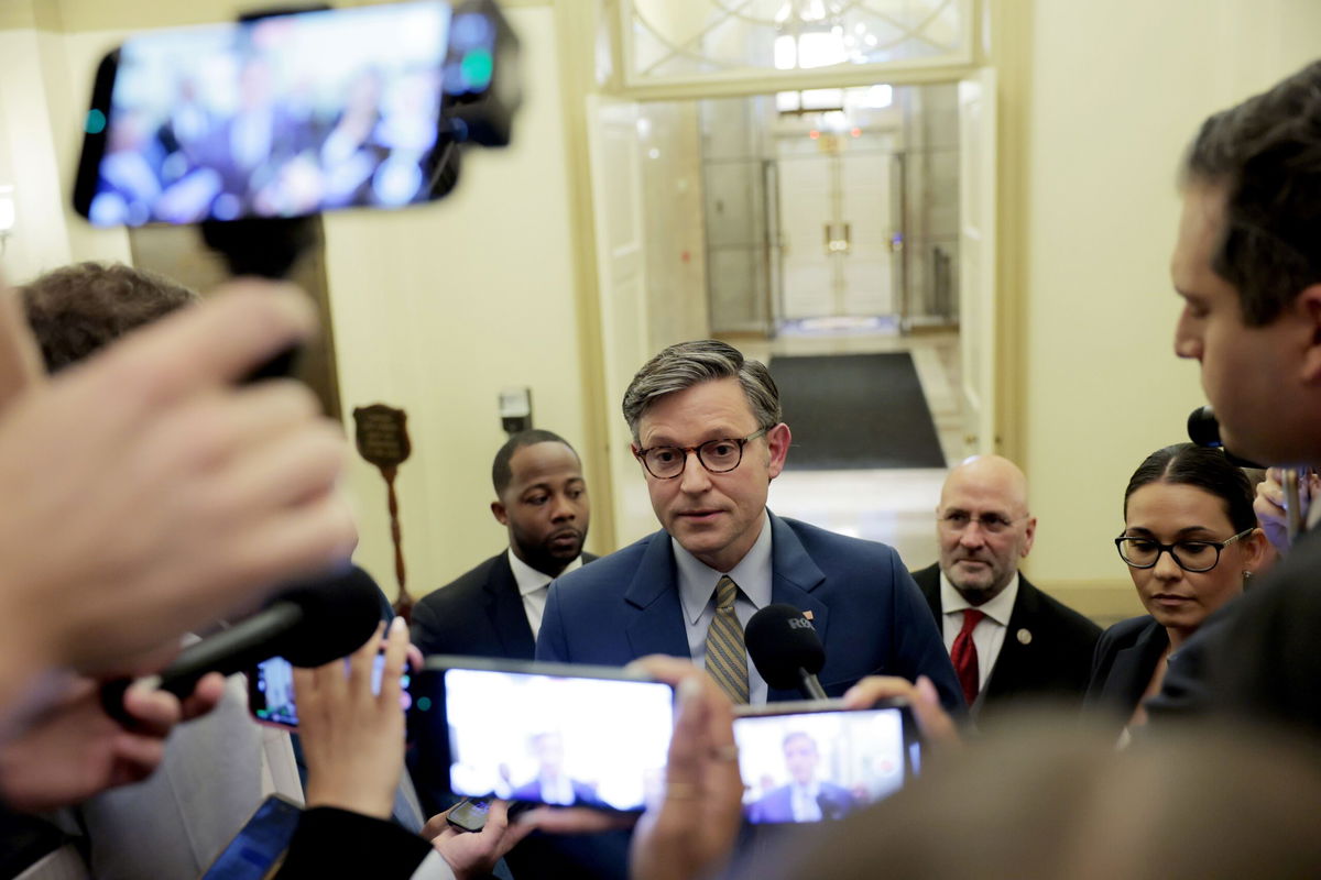 <i>Anna Moneymaker/Getty Images via CNN Newsource</i><br/>Speaker of the House Mike Johnson (R-LA) speaks to reporters after returning to the U.S. Capitol Building on May 21 in Washington