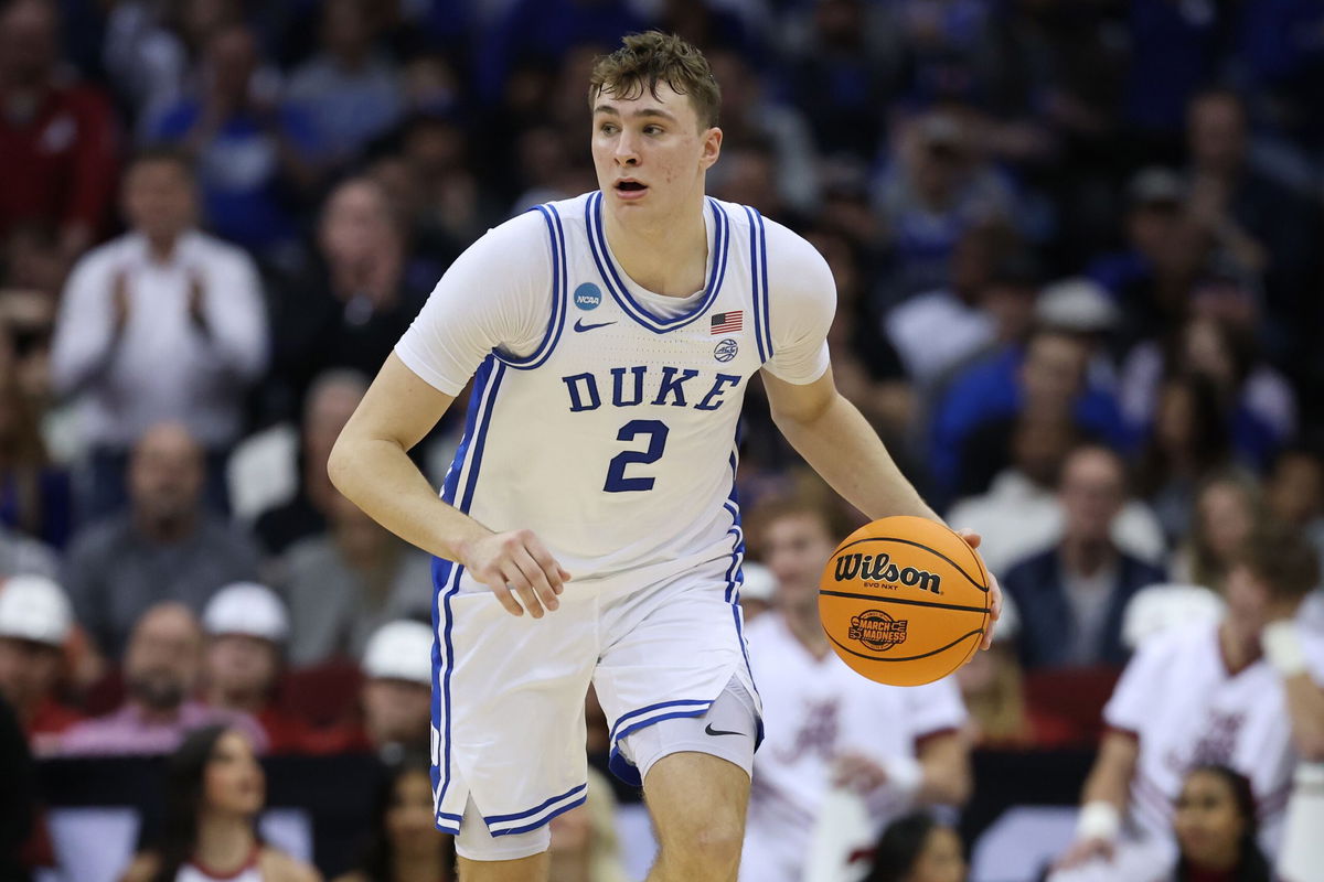 <i>Patrick Smith/Getty Images via CNN Newsource</i><br/>Duke Blue Devils' Cooper Flagg playing against the Alabama Crimson Tide during the NCAA men's basketball tournament's Elite Eight in March.
