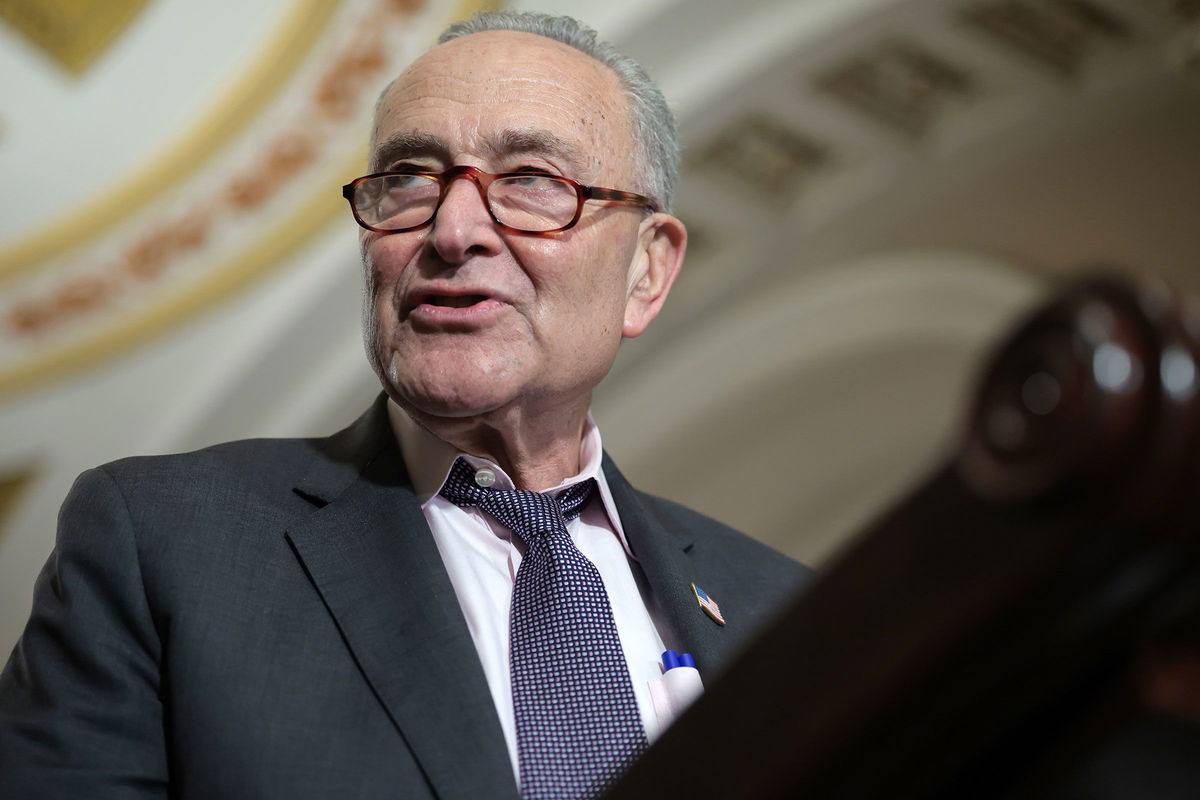 <i>Kayla Bartkowski/Getty Images via CNN Newsource</i><br/>Senate Minority Leader Chuck Schumer speaks to reporters following the weekly Democrat Senate policy luncheon at the US Capitol on May 6 in Washington
