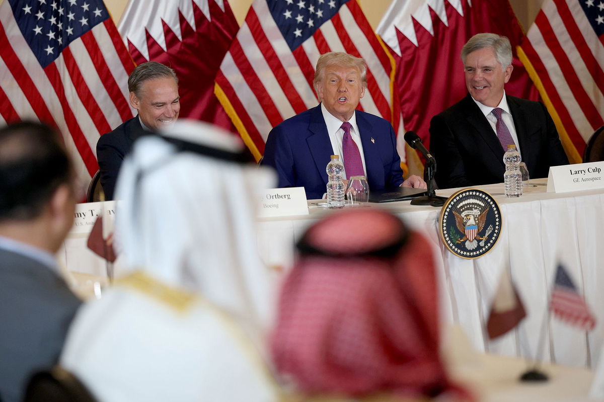 <i>Win McNamee/Getty Images via CNN Newsource</i><br/>US President Donald Trump meets with business leaders at the Ritz Carlton Hotel on May 15