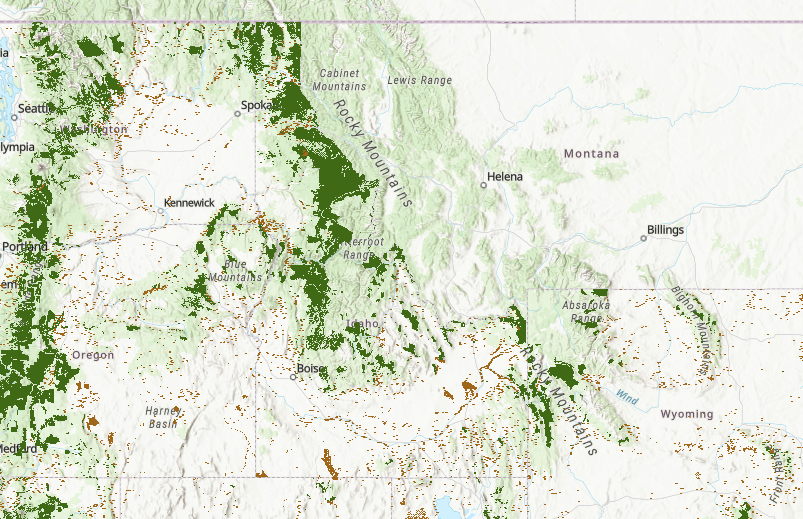 Idaho and nearby states, with dark green and brown signifying public land that could be privatized if the bill passes.