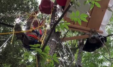 Protesters in El Sereno stopped Los Angeles County deputies from evicting a 70-year-old man from a state-owned home that has remained vacant for decades. "I made a cabin in the top of the tree and I am going to go and wait for the sheriff there