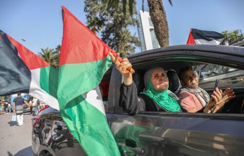 Pro-Palestinian activists wave Palestinian flags from open car windows as they depart from Tunis