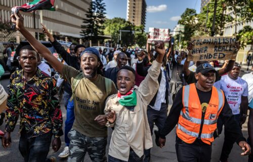 Protesters chant anti-government slogans as they march to the National Police Service headquarters demanding the resignation of senior officers following the death of Albert Ojwang in police custody.