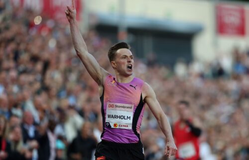 Warholm celebrates winning the 300m hurdles at the Oslo Diamond League.