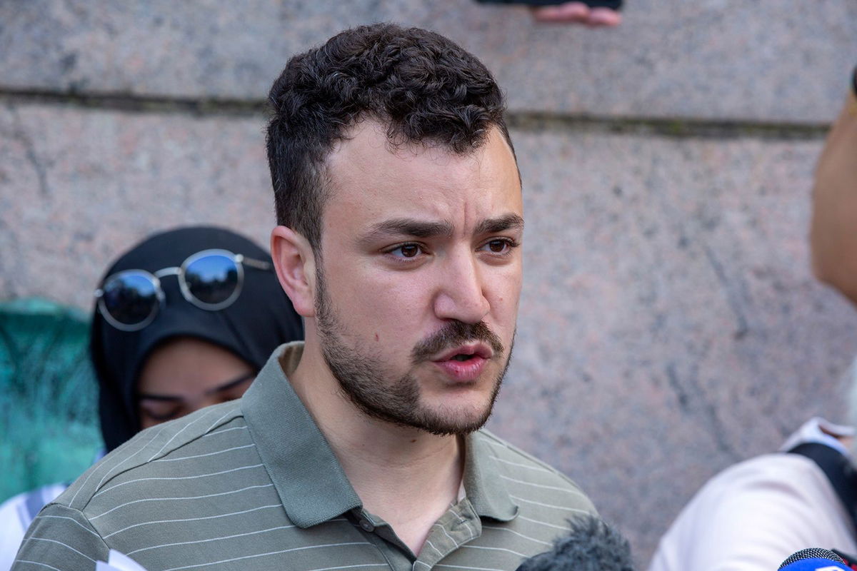 <i>Ted Shaffrey/AP via CNN Newsource</i><br/>Mahmoud Khalil attends a pro-Palestinian protest encampment on the Columbia University campus in New York in April 2024.