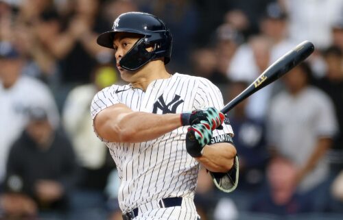 Giancarlo Stanton in his first at-bat against the Angels in his return from the 60-day DL.