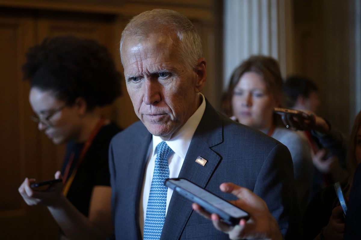 <i>Alex Wong/Getty Images via CNN Newsource</i><br/>Sen. Thom Tillis speaks to reporters at the US Capitol Building on June 30 in Washington
