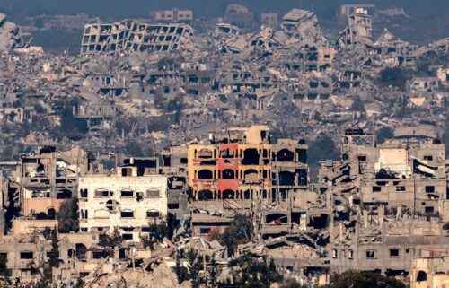 This picture taken from the Israeli side of the border with Gaza shows destroyed buildings in the north of the territory in January 2025.
